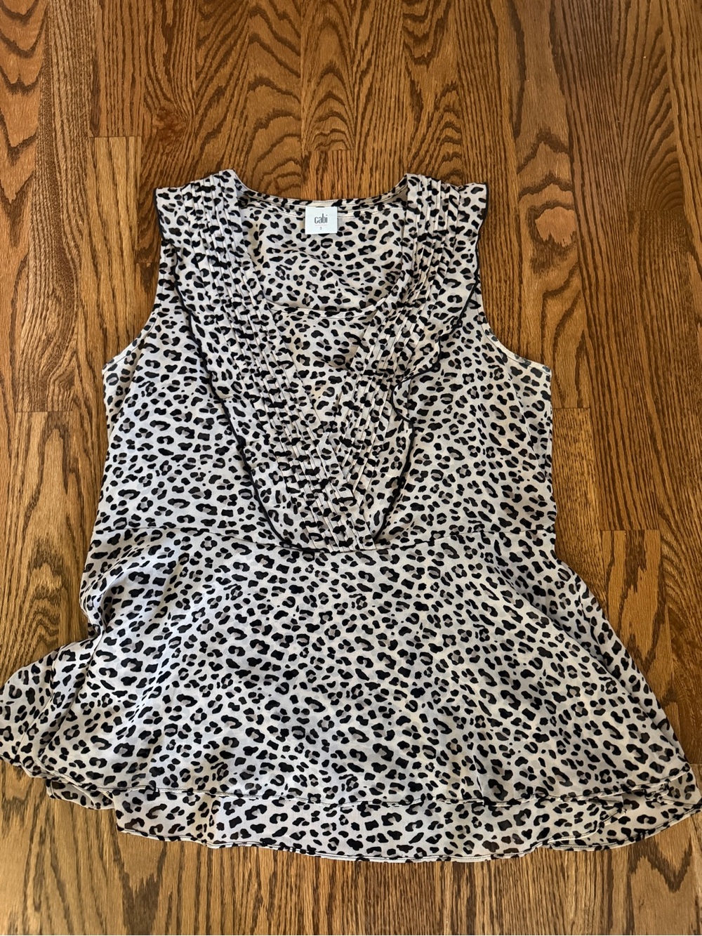 CAbi Beige & Black Leopard Ruffle Peplum Tank